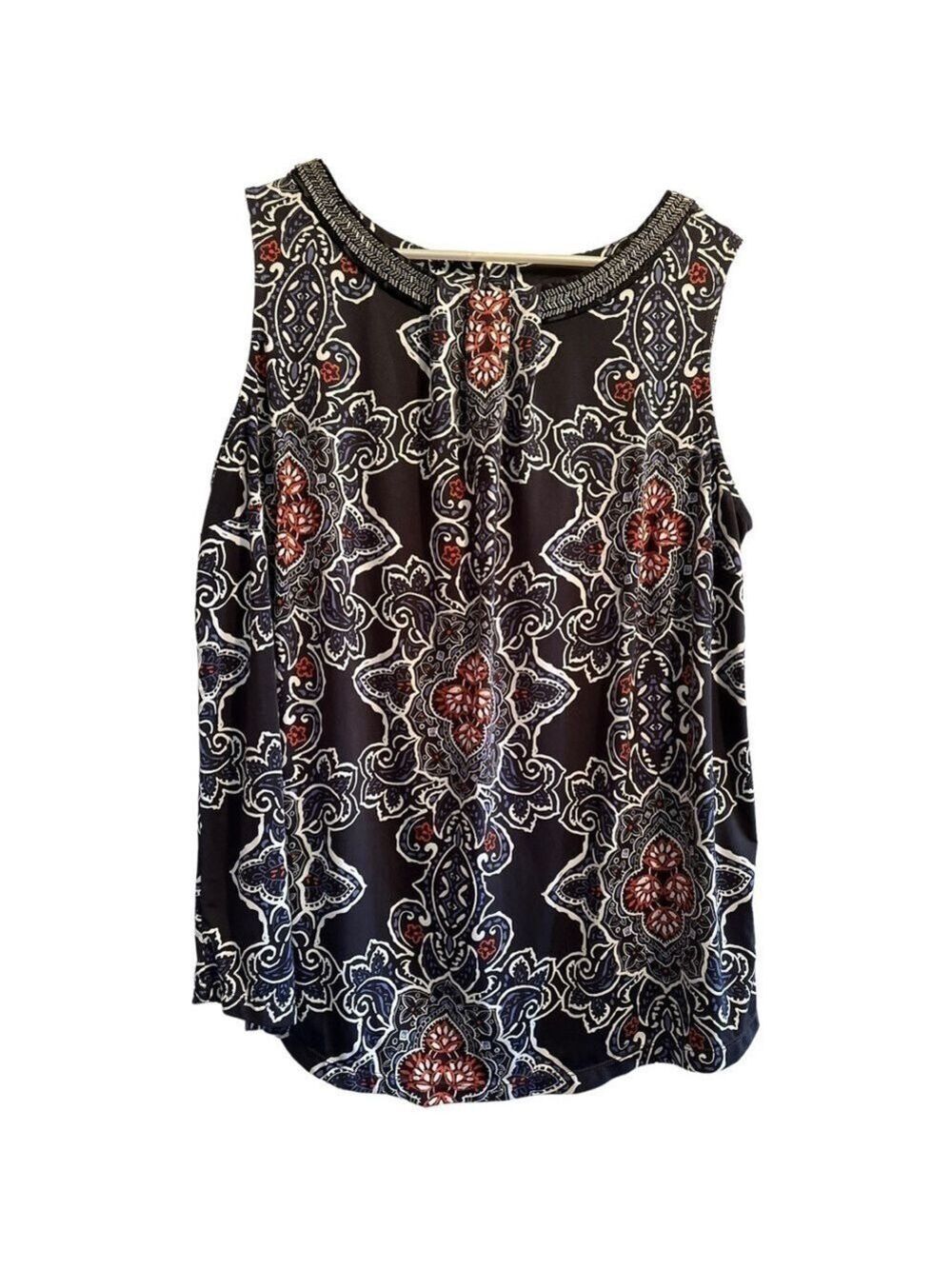 Magnolia Grace 1X Blue & Red Floral Summer Blouse, Beaded Silver Embellishment.